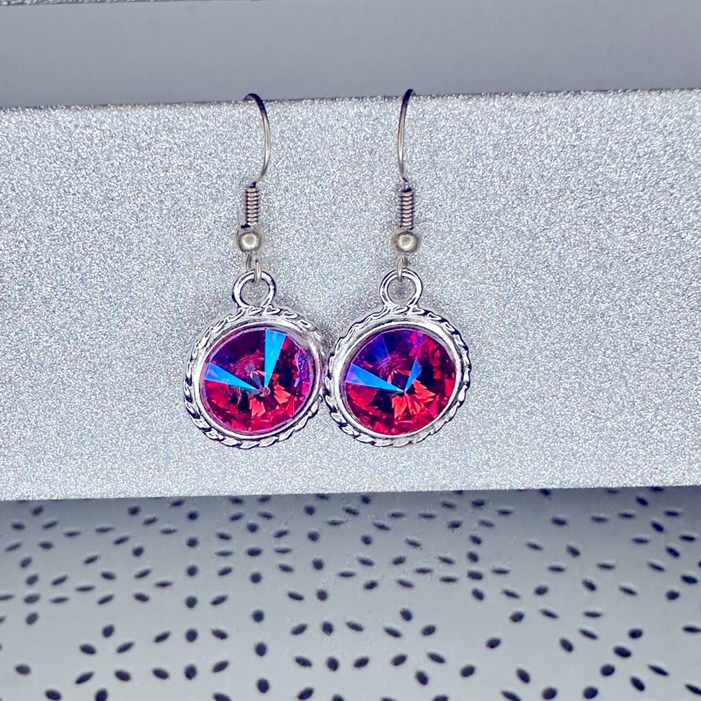 Elegant Fuschia Swarovski Crystal Silver Dangle Earrings